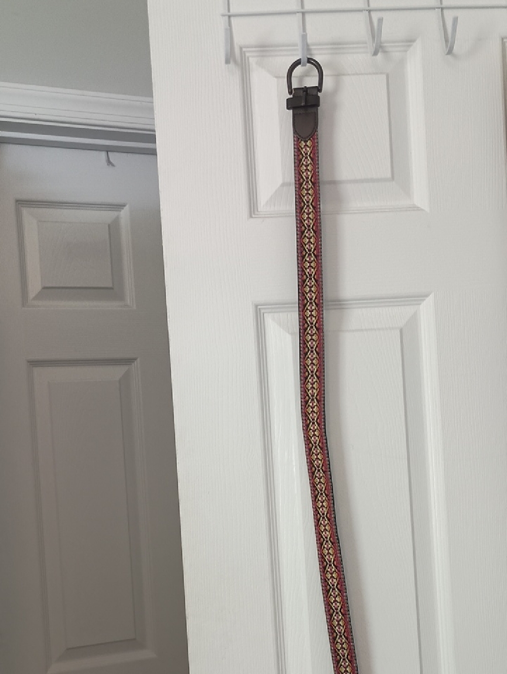 Woven Red Patterned Women's Belt with Faux Leather Trim